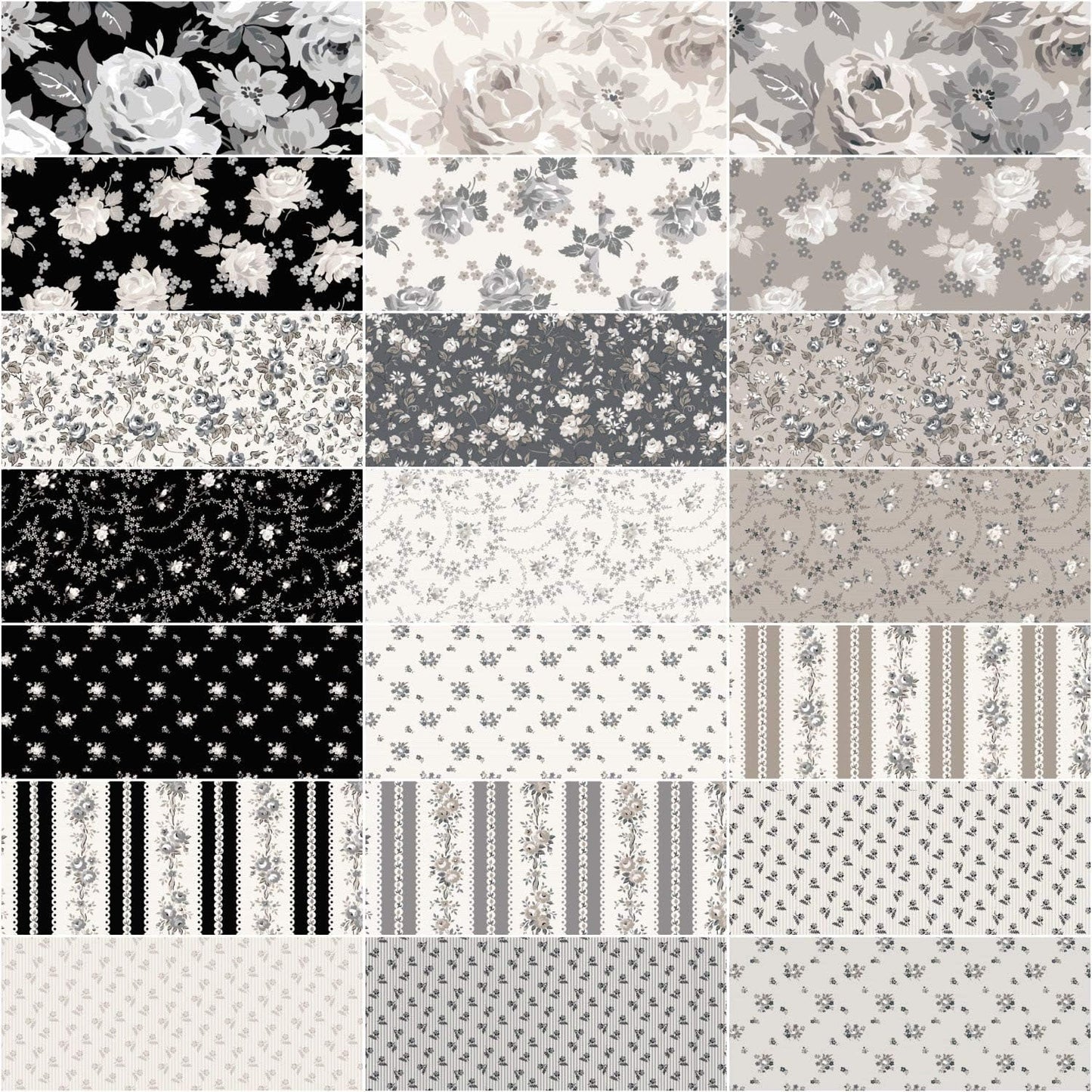 Grid of various floral and patterned fabric swatches in black, white, and gray.
