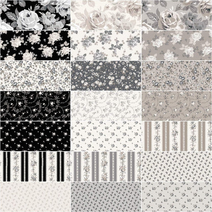 Grid of various floral and patterned fabric swatches in black, white, and gray.
