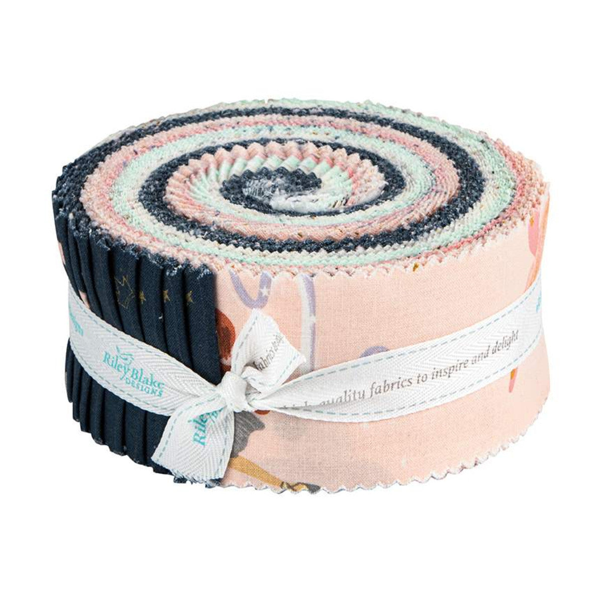 Rolled fabric bundle with pastel stripes, dark navy sections, and ribbon tie