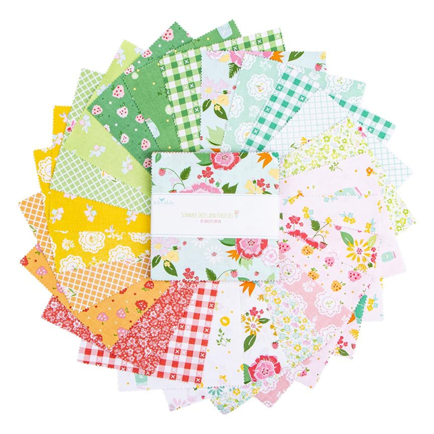 Riley Blake Summer Skies and Fireflies 5 Inch Stacker containing 42 coordinating fabric squares
