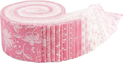 Riley Blake Sweet Pink Rolie Polie Jelly Roll containing 40 coordinating 2.5 inch fabric strips
