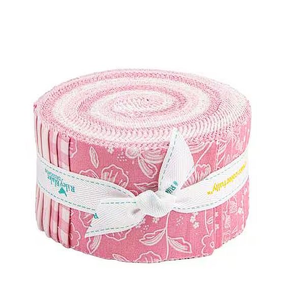Riley Blake Sweet Pink Rolie Polie Jelly Roll containing 40 coordinating 2.5 inch fabric strips
