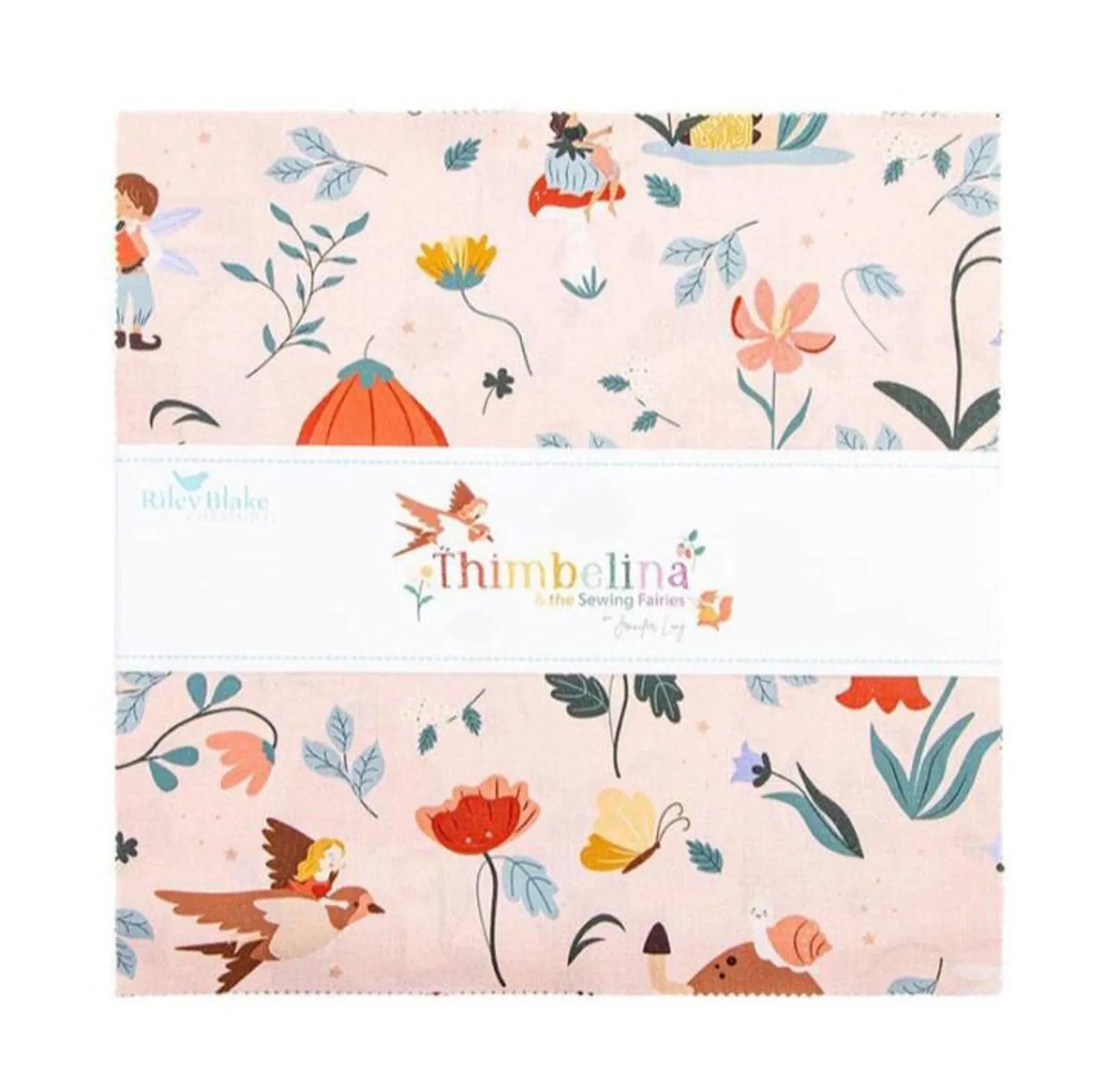 Floral and nature-themed fabric with 'Thimbleina' branding on a white background