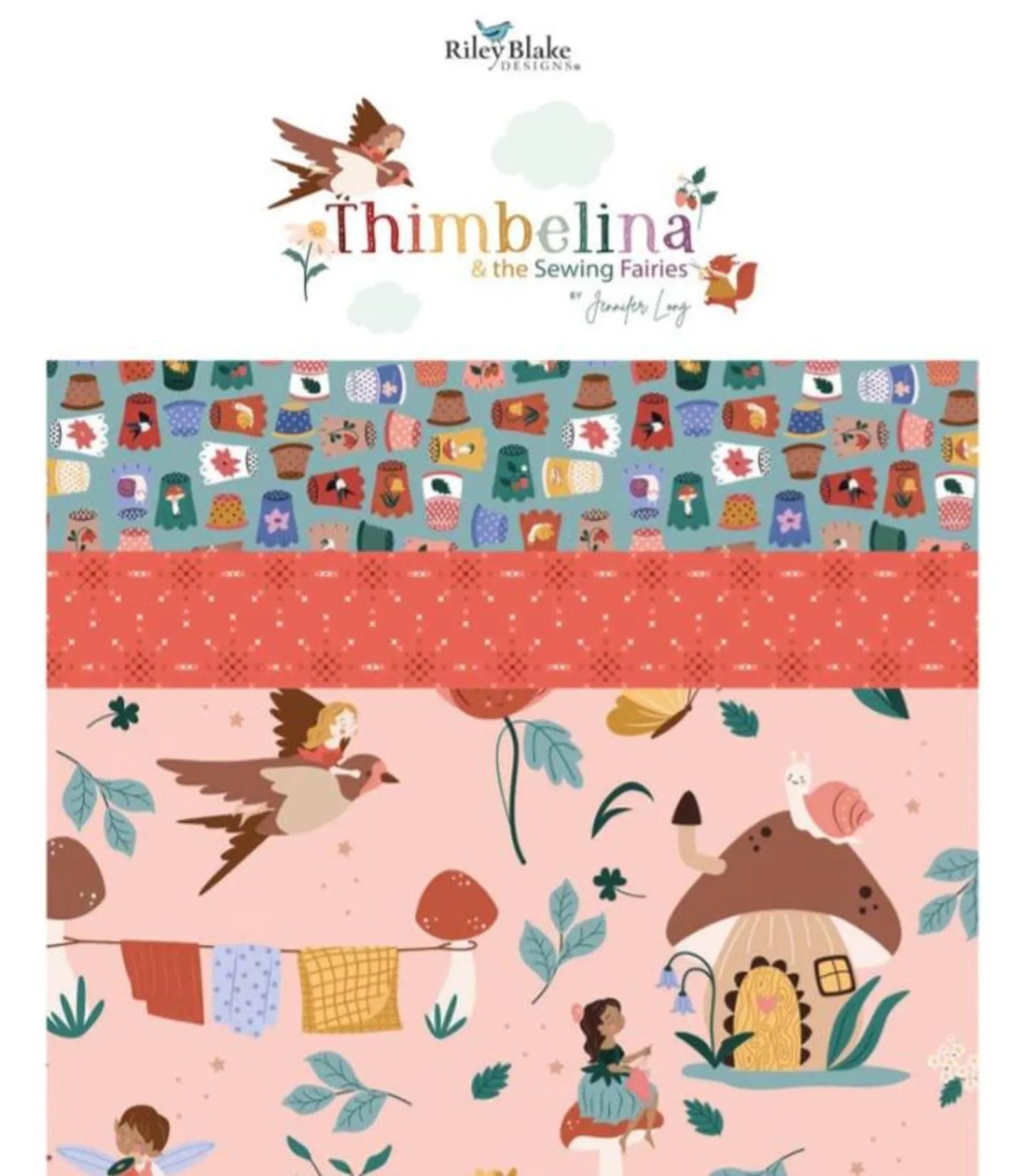 Fabric with 'Thimbeline and the Sewing Fairies' design by Riley Blake on a white background.