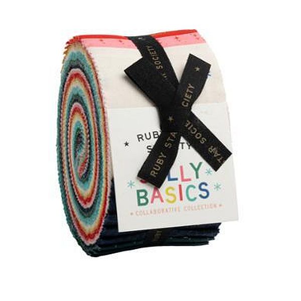 Ruby Star Society Jolly Basics Jelly Roll by Moda featuring festive modern quilting fabrics in colourful 2.5 inch precut strips.