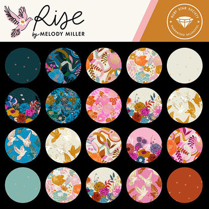 Assorted 5-inch fabric charm squares with floral and bird motifs on varied dark and light prints