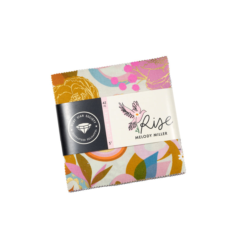 Fabric charm squares bundle, multicolor floral and bird pattern prints in a wrapped pack