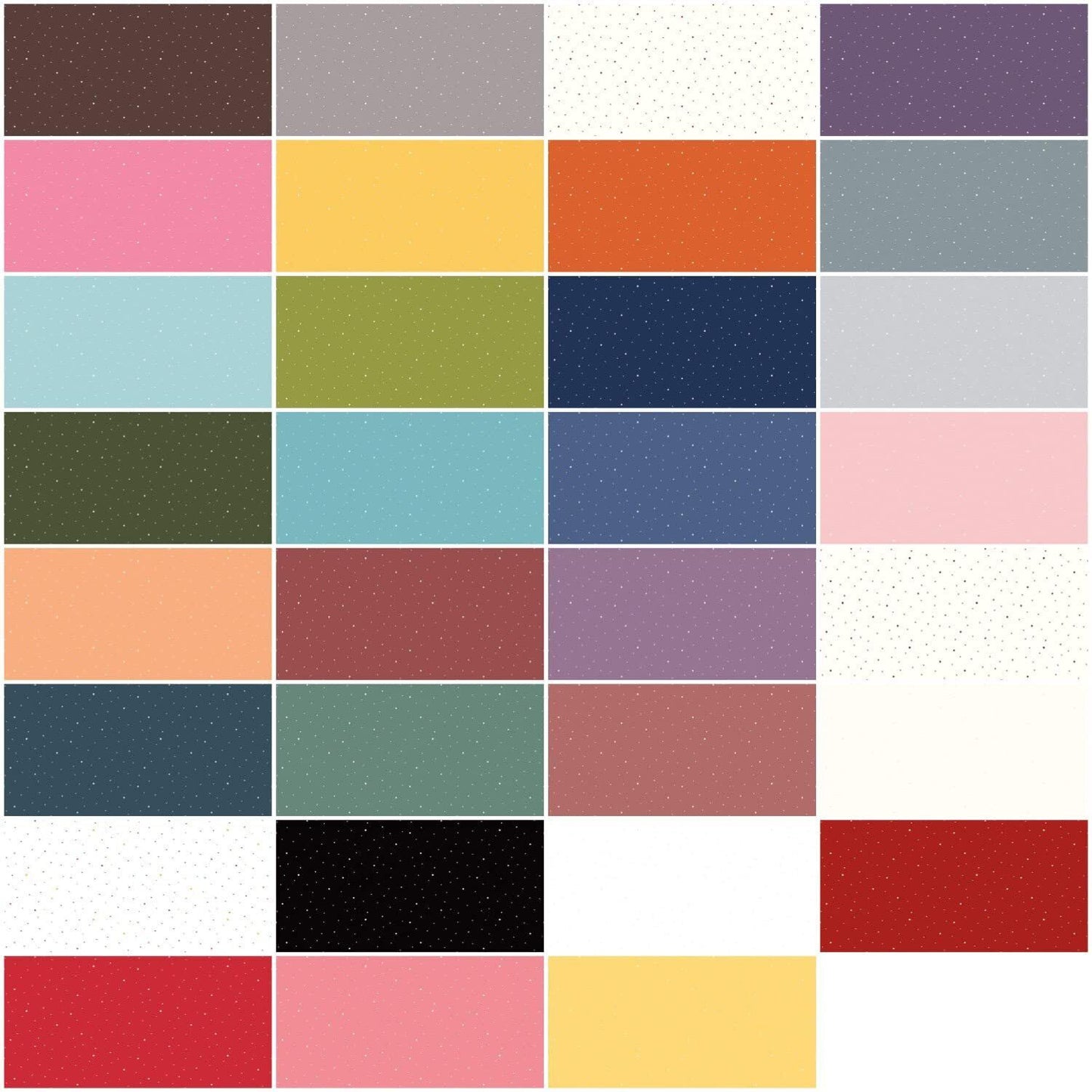 Layer cake swatch grid of Dapple Dot fabric squares with small dot prints in multicolor