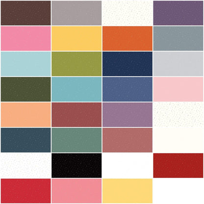 Layer cake swatch grid of Dapple Dot fabric squares with small dot prints in multicolor