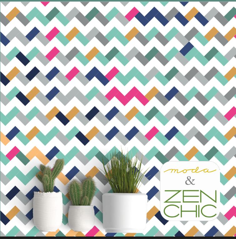 Chevron quilt pattern PDF cover with colorful zigzag blocks and Zen Chic design