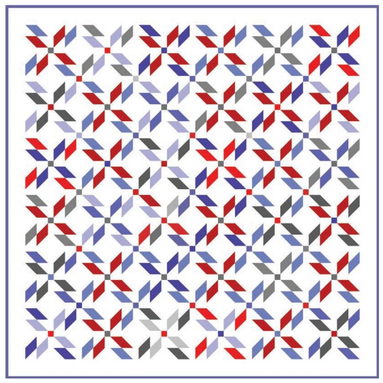 Jelly roll friendly quilt pattern PDF with sparkle geometric star blocks in red, blue, gray