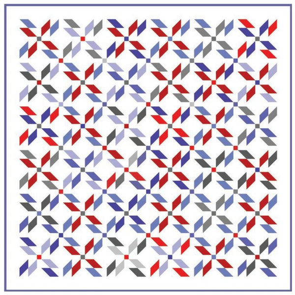 Jelly roll friendly quilt pattern PDF with sparkle geometric star blocks in red, blue, gray