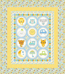 Baby animals boxed quilt panel, square medallion of icons in blue and yellow
