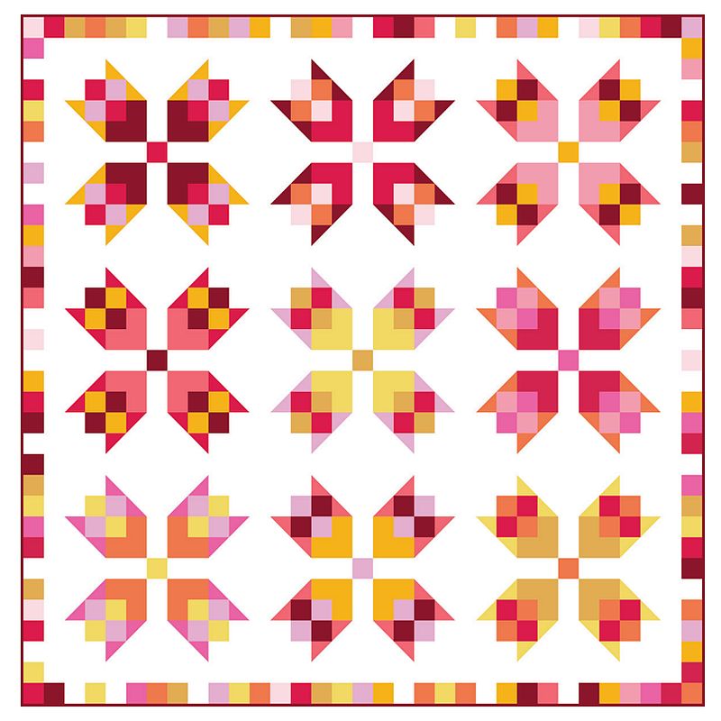 Patchwork quilt featuring multicolor star flower blocks on white background