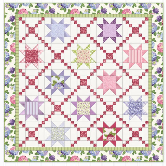 Quilt pattern: star lattice with nine-point blocks in red, purple, pink and white