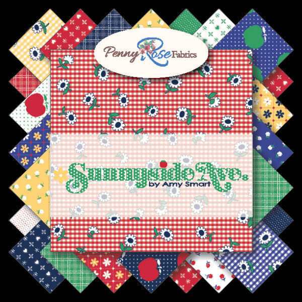 Collection of colorful fabric squares with 'Penny Rose Fabrics' branding and 'Sunnyside Up' text.