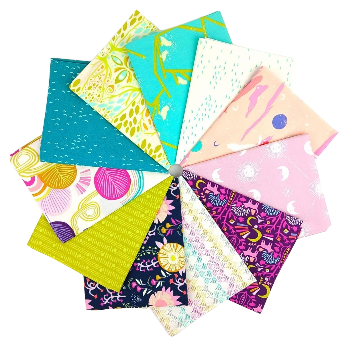Fat quarter bundle arranged in a pinwheel of teal, pink, purple, yellow, and cream prints