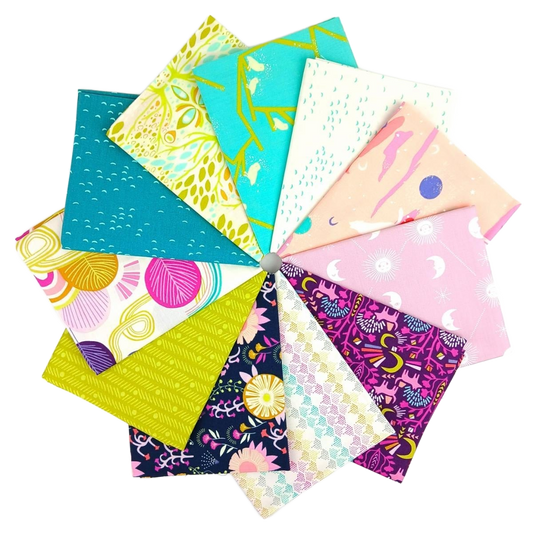 Fat quarter bundle arranged in a pinwheel of teal, pink, purple, yellow, and cream prints