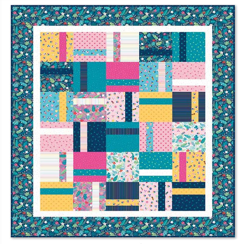 Patchwork quilt block with multicolor geometric and floral fabric squares, framed