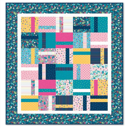 Patchwork quilt block with multicolor geometric and floral fabric squares, framed