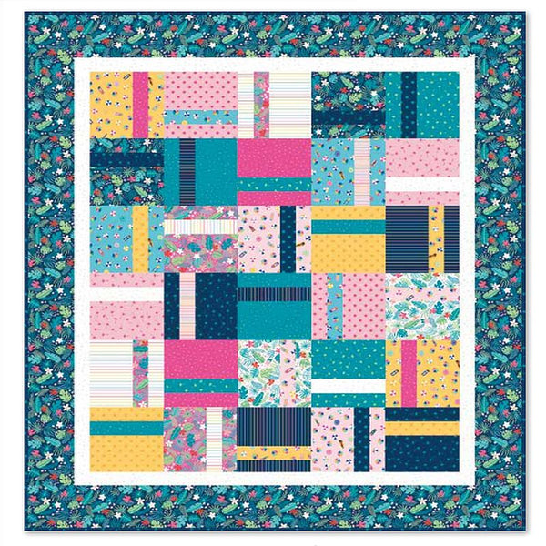 Patchwork quilt block with multicolor geometric and floral fabric squares, framed