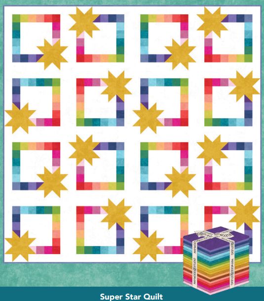 Super Star quilt block pattern with multicolor star squares on teal background