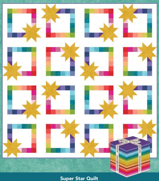 Super Star quilt block pattern with multicolor star squares on teal background