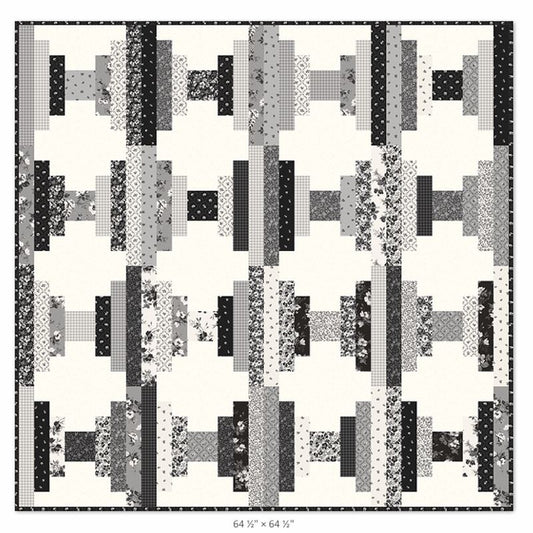 Quilt pattern design sheet with black, white, and gray strip patchwork blocks