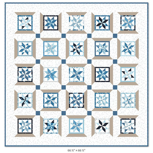 PDF quilt pattern showing a grid of blue pinwheel-style blocks