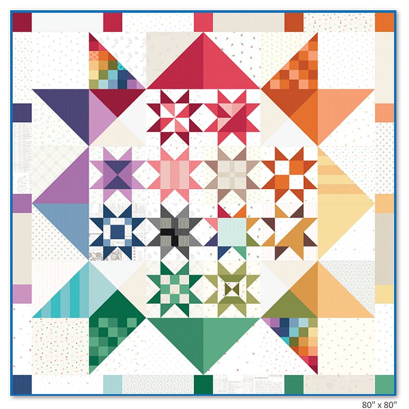 Patchwork quilt top with multicolor geometric star blocks, square layout