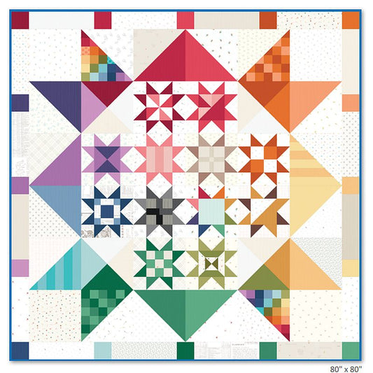 Patchwork quilt top with multicolor geometric star blocks, square layout