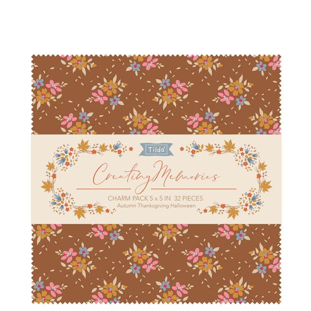 Tilda Creating Memories charm pack, brown floral fabric squares with pink and cream