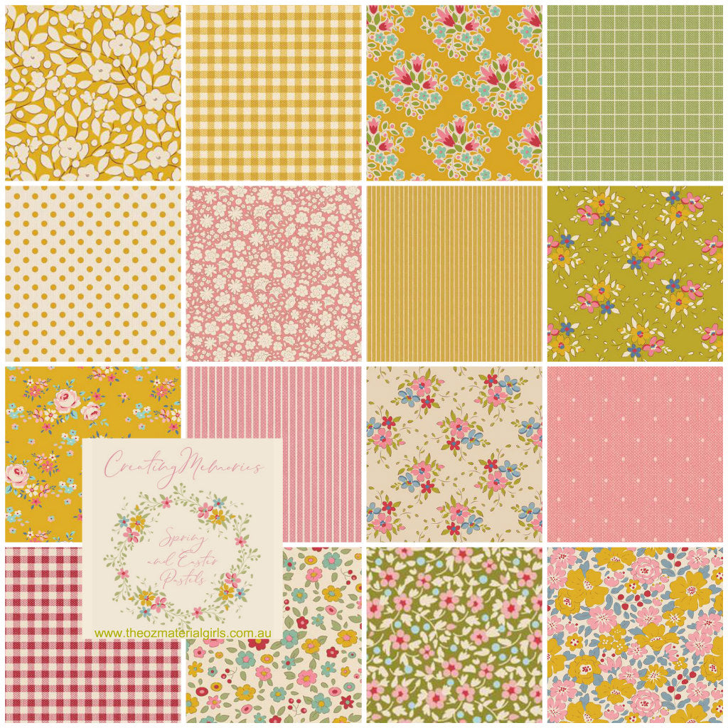 Collection of various floral and checkered patterns in pastel colors.