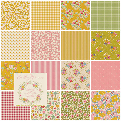 Collection of various floral and checkered patterns in pastel colors.
