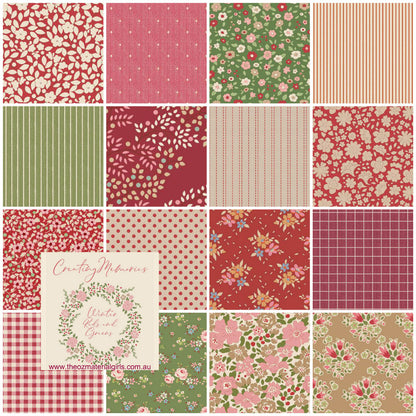 Collection of various floral and patterned fabric swatches in red, green, and beige.