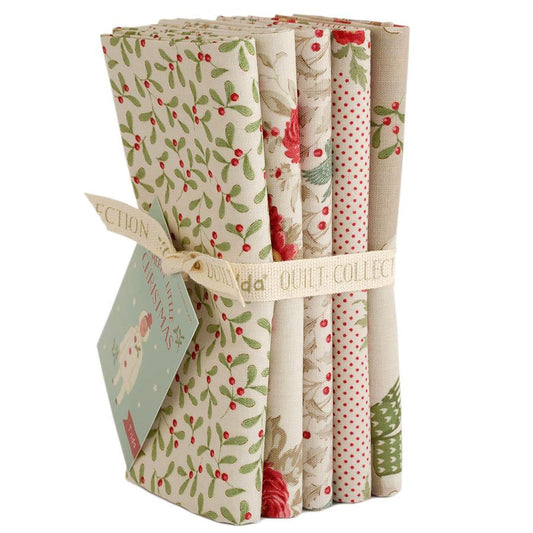 Beige Christmas fat quarter bundle, 5 fabric prints with berries, florals, and polka dots