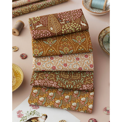Tilda Sanctuary Floral fat quarter fabric bundle caramel with coordinated Tilda floral prints flat lay
