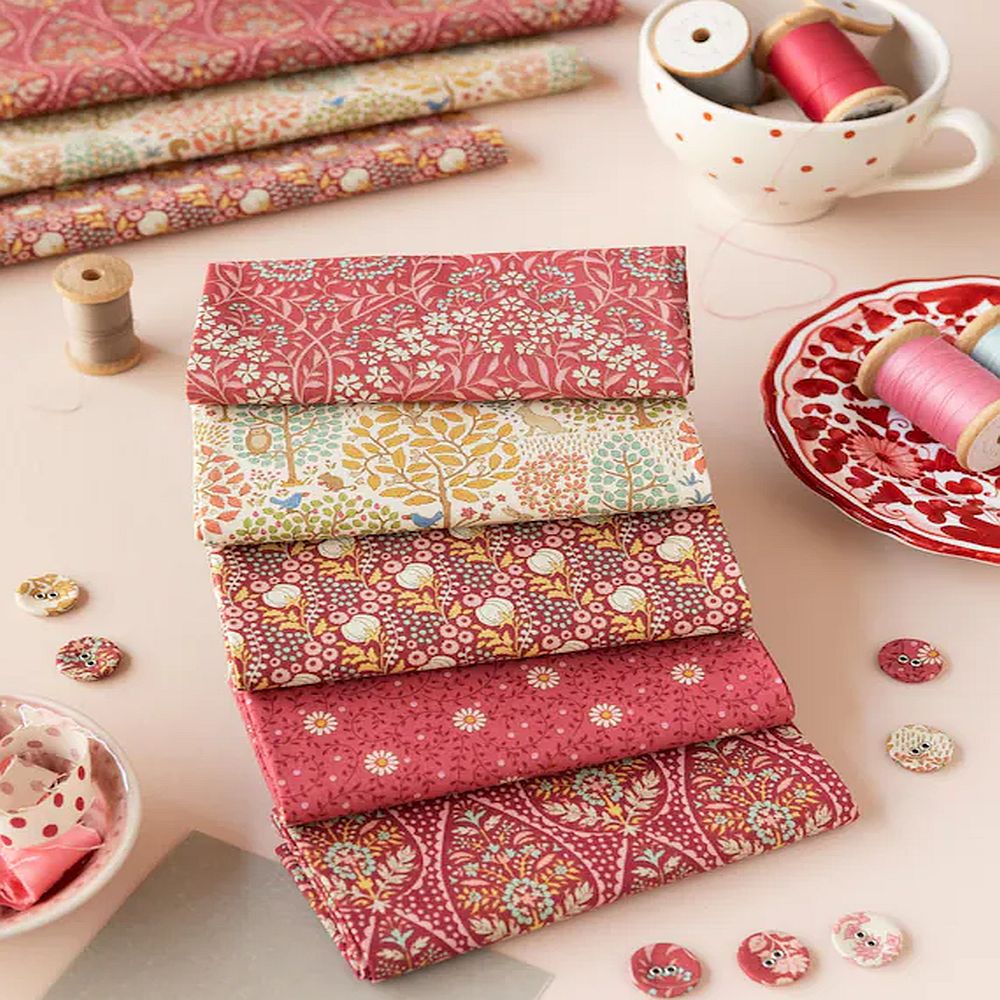 Tilda Sanctuary Floral flat lay fabric bundle rhubarb with coordinated Tilda floral prints