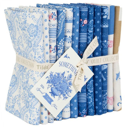 Blue and white quilt fabric fat quarter bundle with floral and polka dot prints