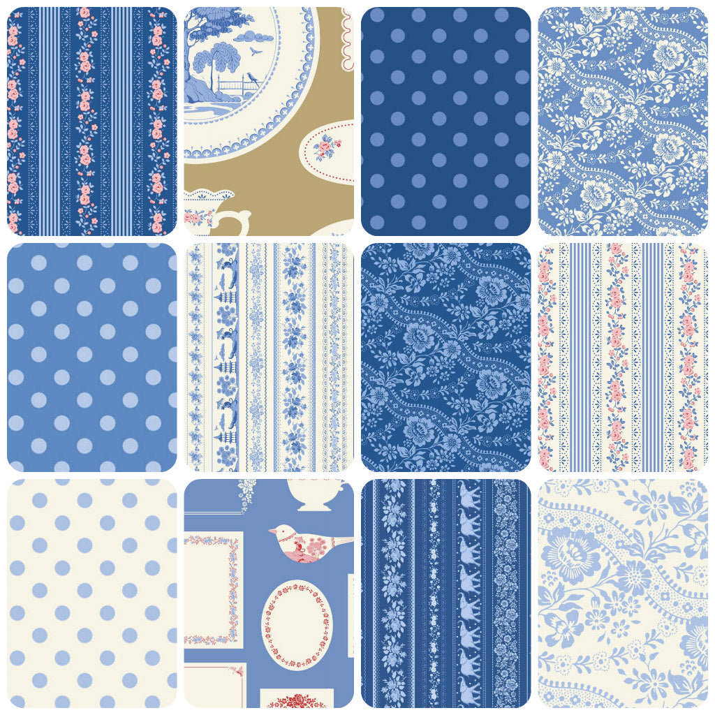 Blue quilt fabric fat quarters with floral, polka dot, stripe, and bird prints