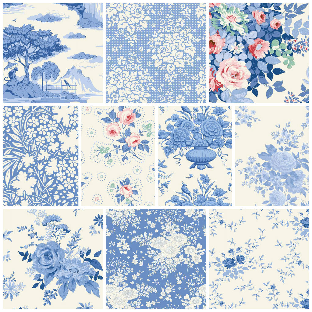 Fat quarter fabric set of blue and white squares with varied floral motifs
