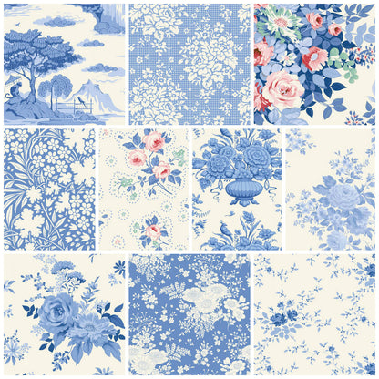 Fat quarter fabric set of blue and white squares with varied floral motifs