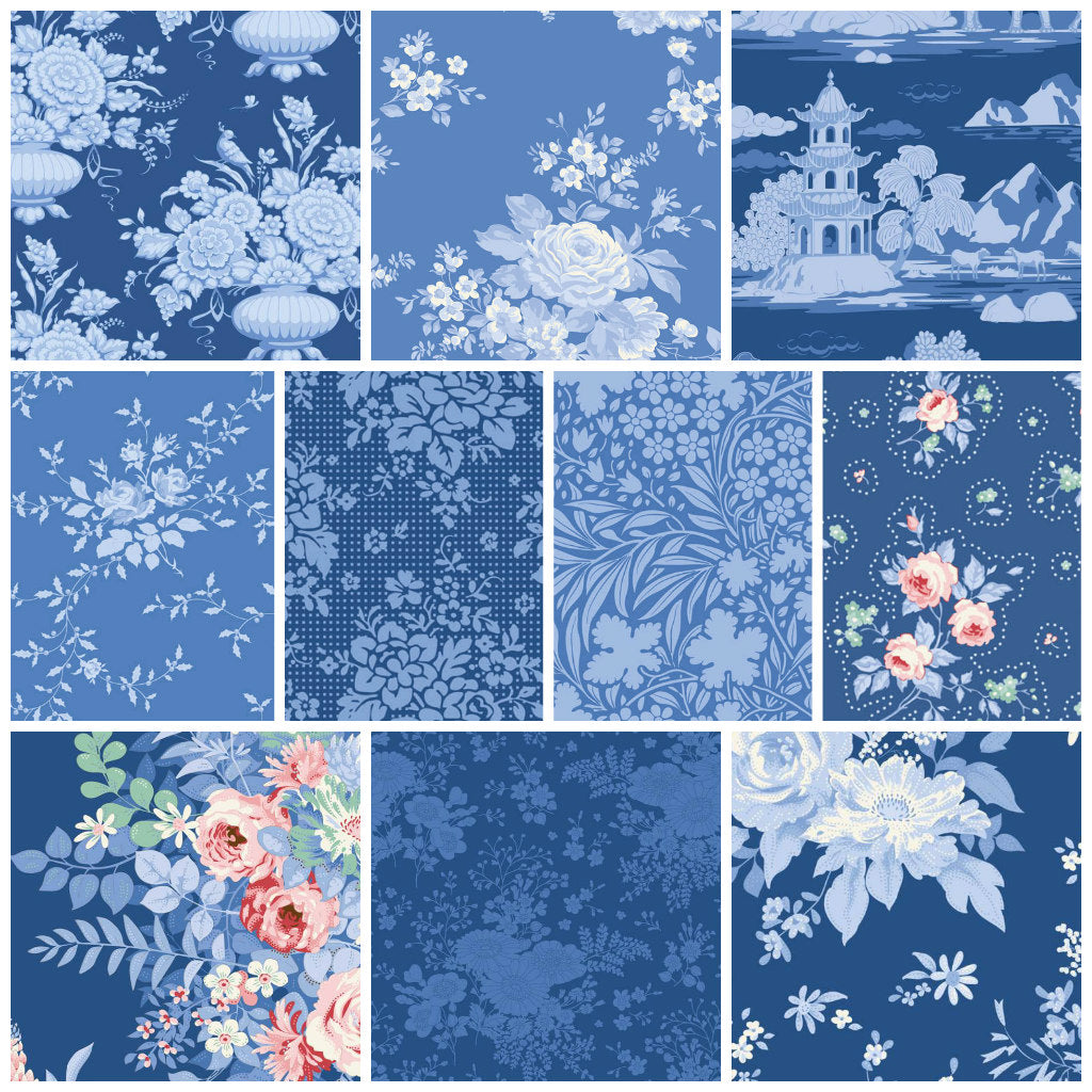 Assorted blue floral fat quarter fabric squares, mixed floral and vine patterns