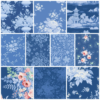 Assorted blue floral fat quarter fabric squares, mixed floral and vine patterns