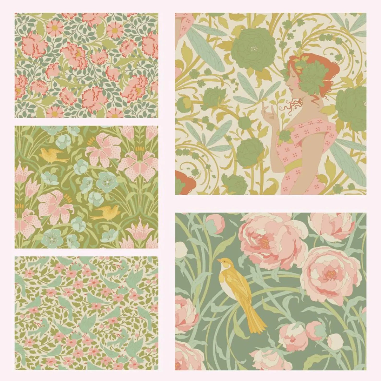 Fat quarter fabric squares with green foliage, florals, and birds in pastel pinks