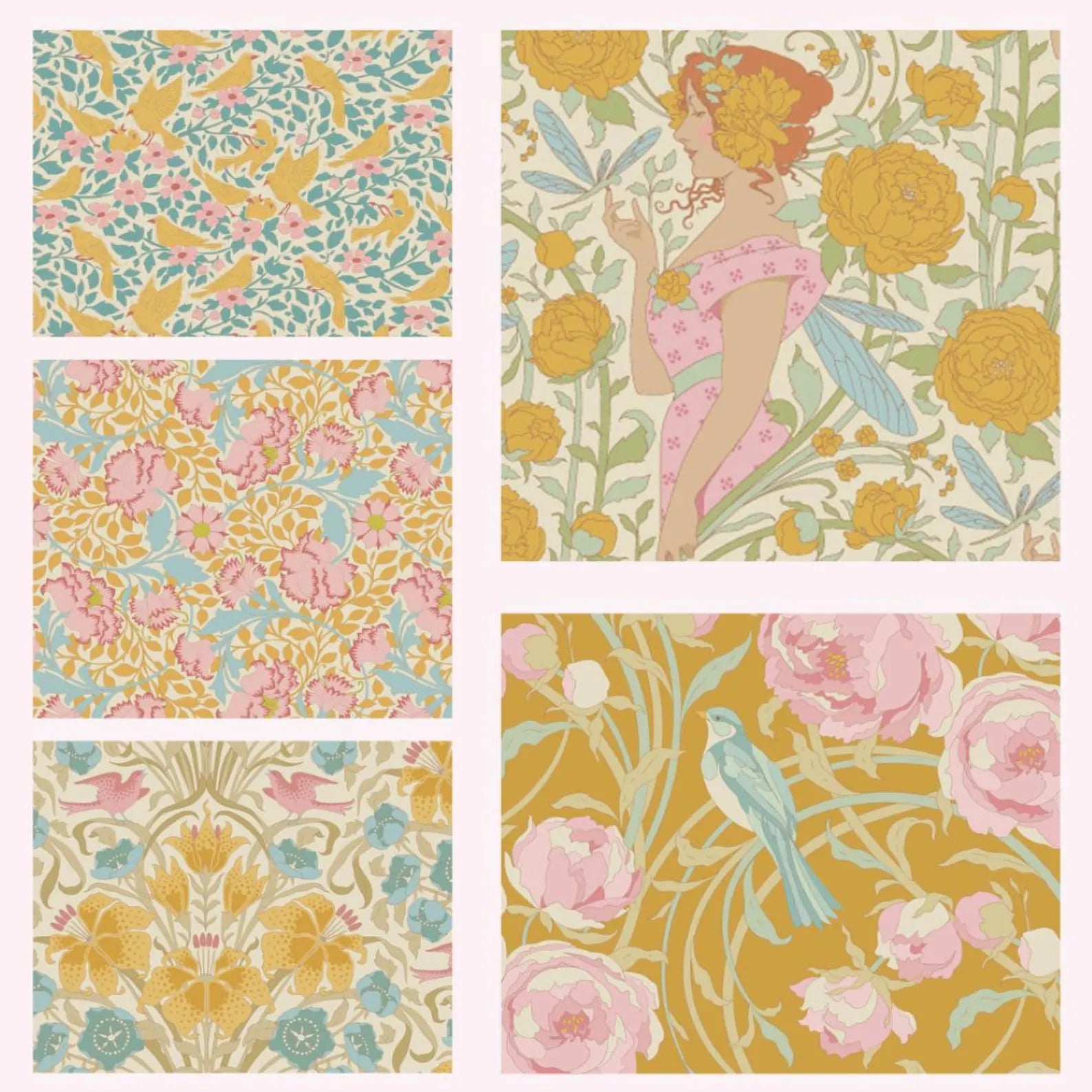 Set of four fat quarter fabric prints featuring florals, birds, and foliage in soft colors