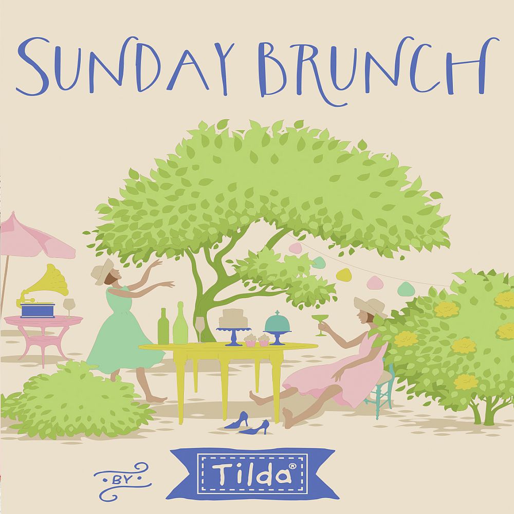 Sunday Brunch printed fabric panel with garden trees, tables, and blue text