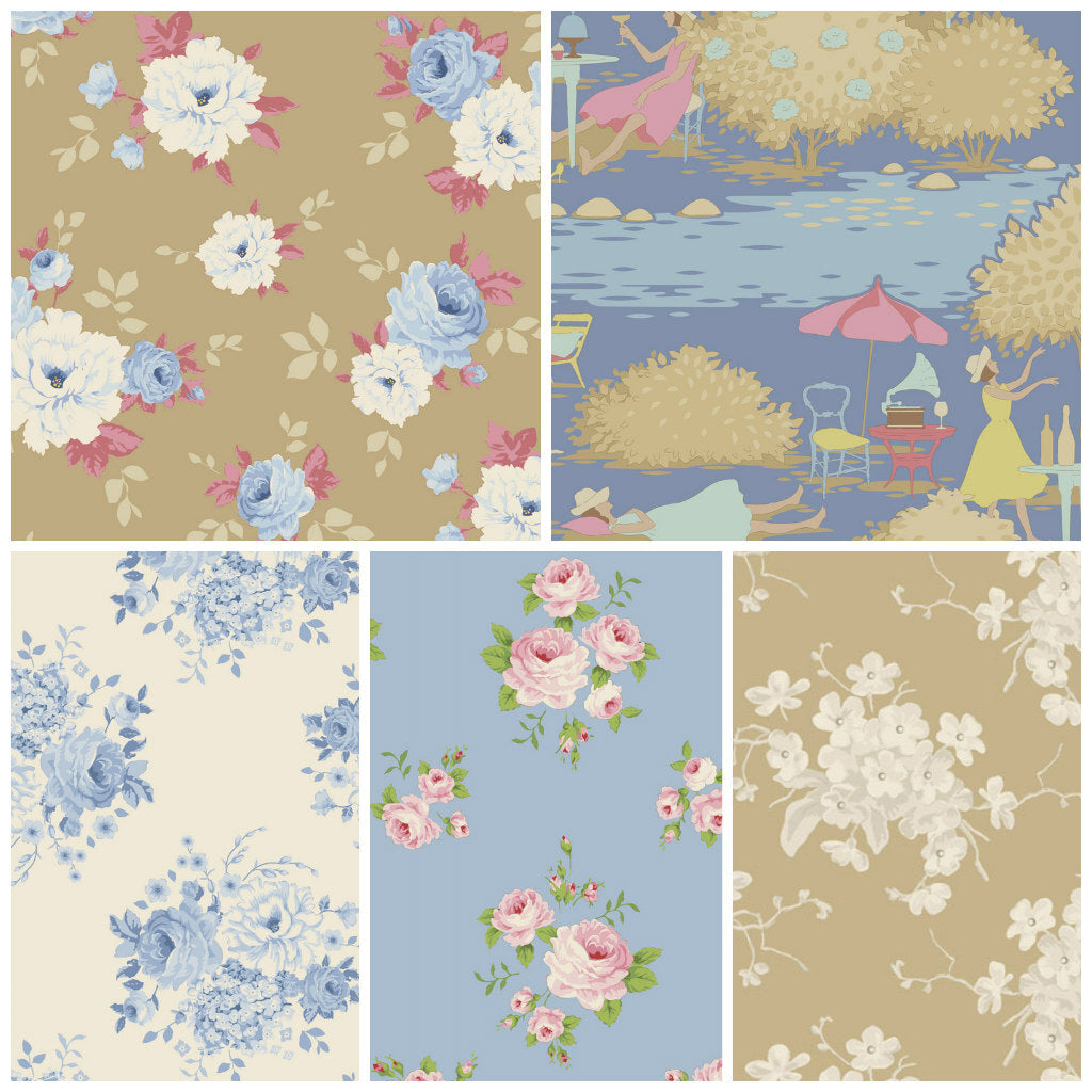 Pastel floral fabric swatch set with blue, pink, and beige designs