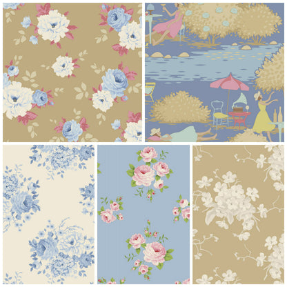 Pastel floral fabric swatch set with blue, pink, and beige designs