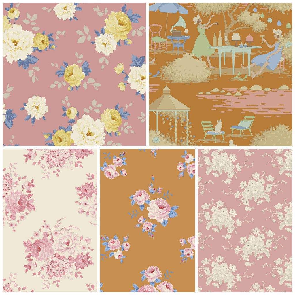 Assorted floral fat quarters with pink, blue, and cream prints, four coordinated designs